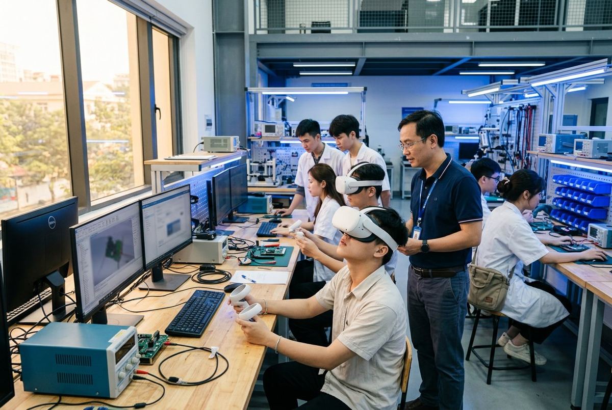 공학 실습실에서 VR 헤드셋으로 장비 유지보수를 실습하는 대학생들