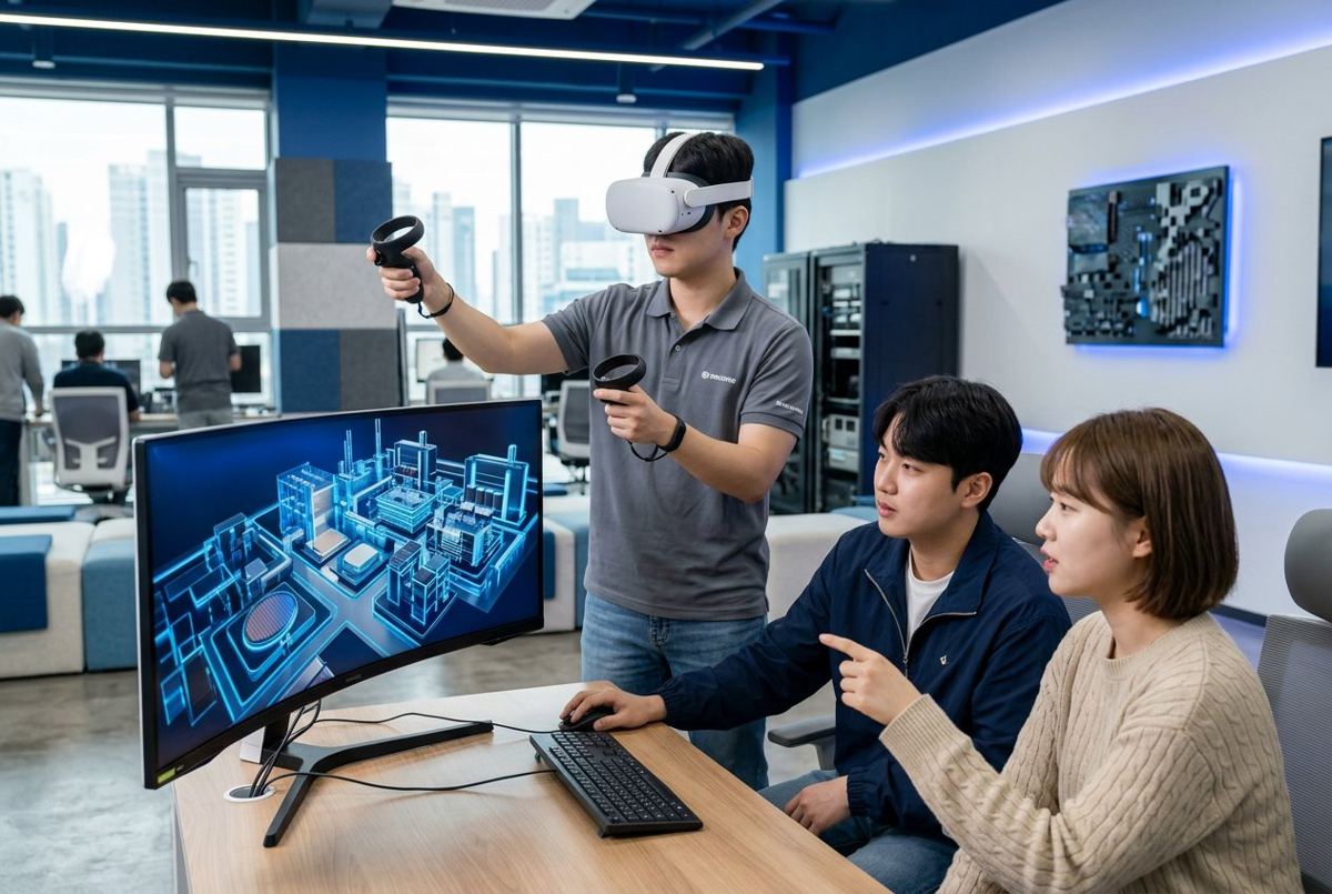 VR 헤드셋으로 실습하는 교육생과 모니터를 함께 보는 동료들