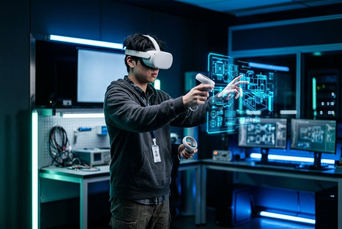 VR 헤드셋을 쓰고 컨트롤러로 가상 장비를 조작하는 교육생