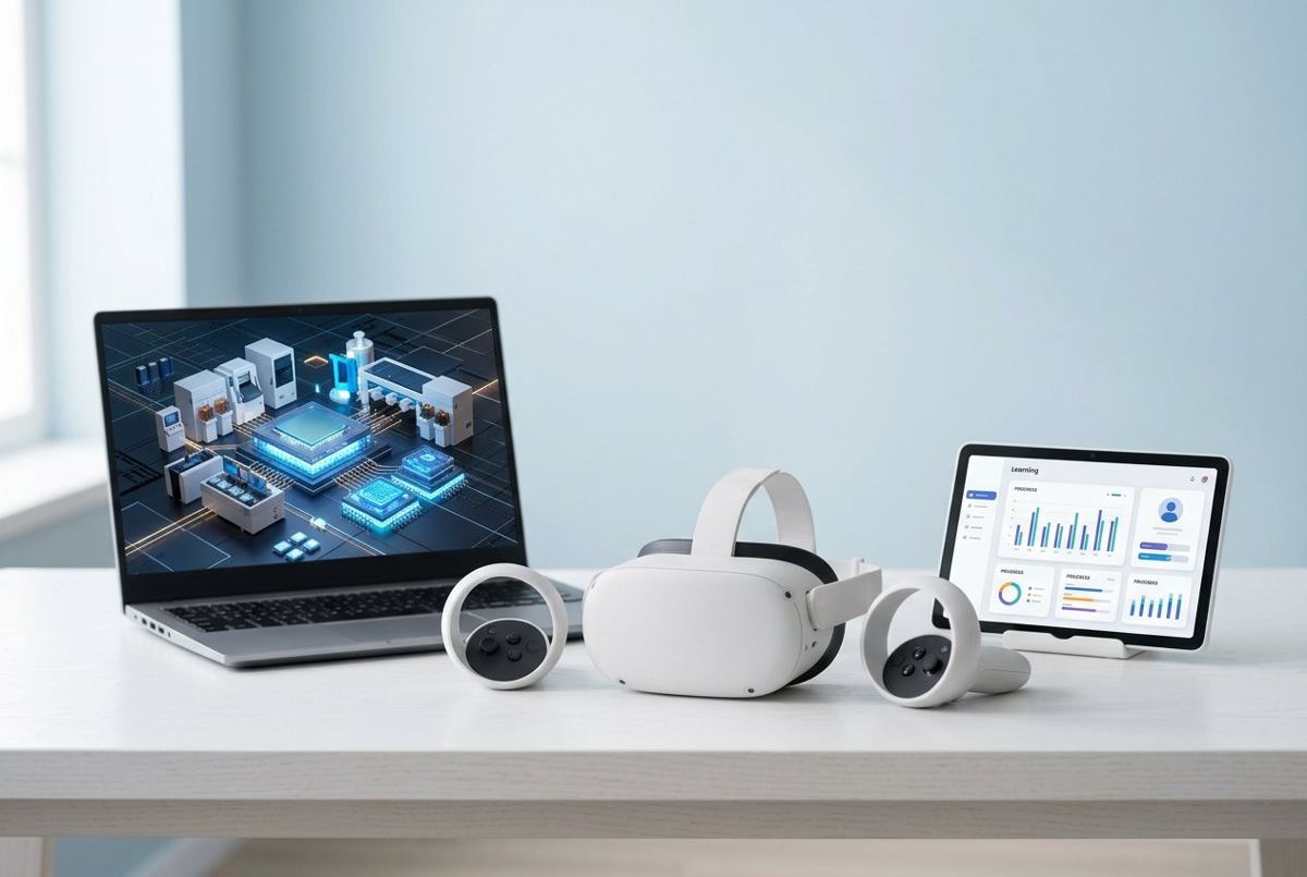 VR 헤드셋과 컨트롤러, 노트북, 학습 대시보드 태블릿